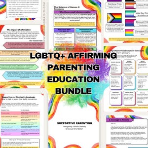 May include: An educational bundle on LGBTQ+ affirming parenting. The image features colorful text and graphics, including rainbow pride flags, vocabulary, and supportive language examples. The bundle aims to educate parents on gender identity and sexual orientation.