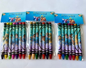 May include: Three packs of crayons with Encanto themed wrappers. Each pack contains 10 crayons with a variety of colors. The wrappers feature the characters from the Disney movie Encanto.
