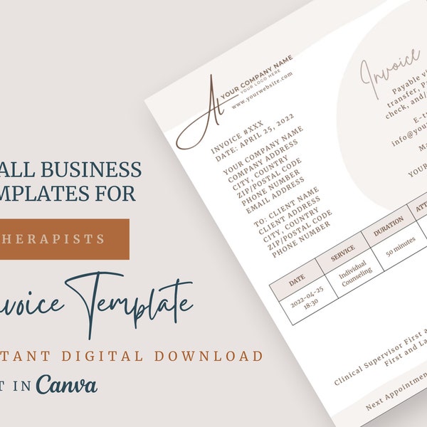 Therapist Invoice | Counselor | Editable Canva Template | Instant Digital Download | Minimalist Design | Small Business Essentials