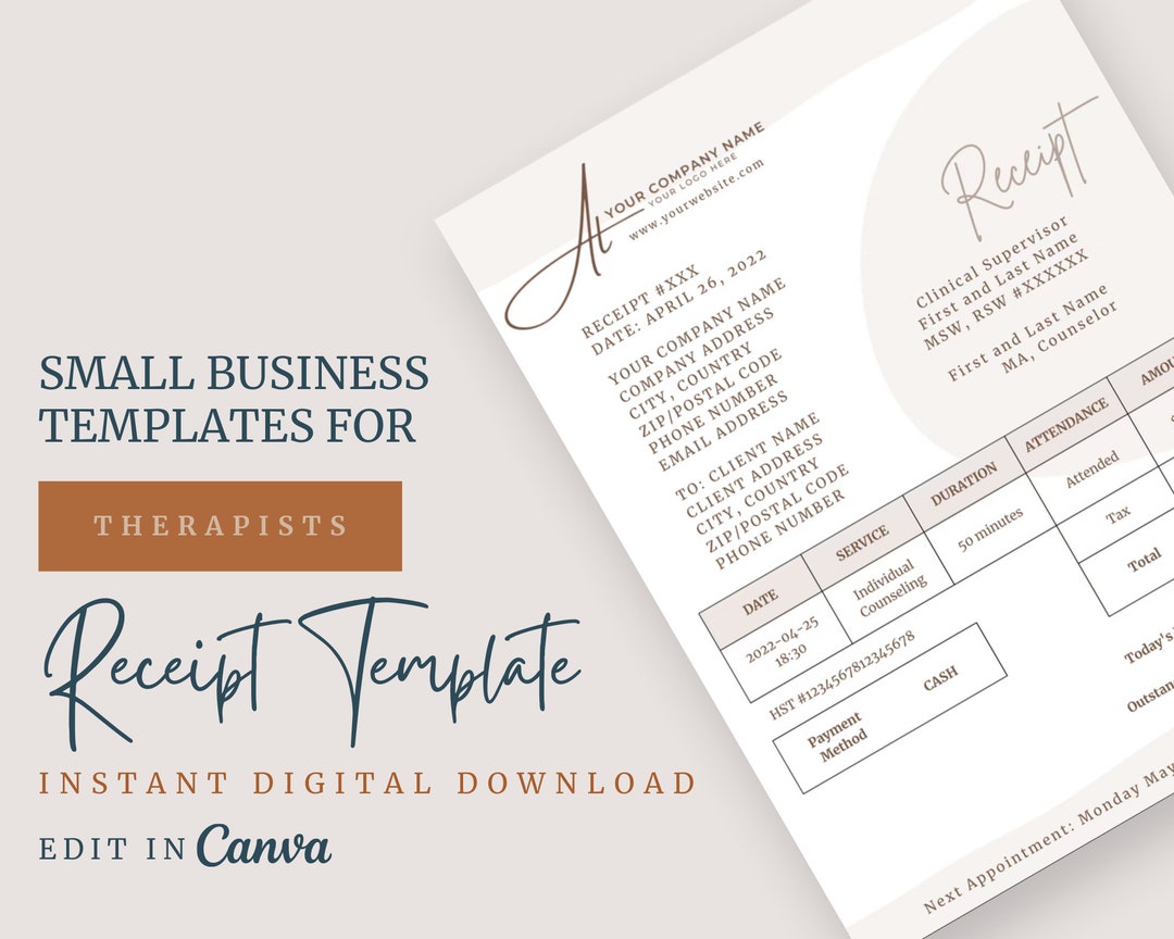 Therapist Receipt Template Editable Customizable Printable Instant