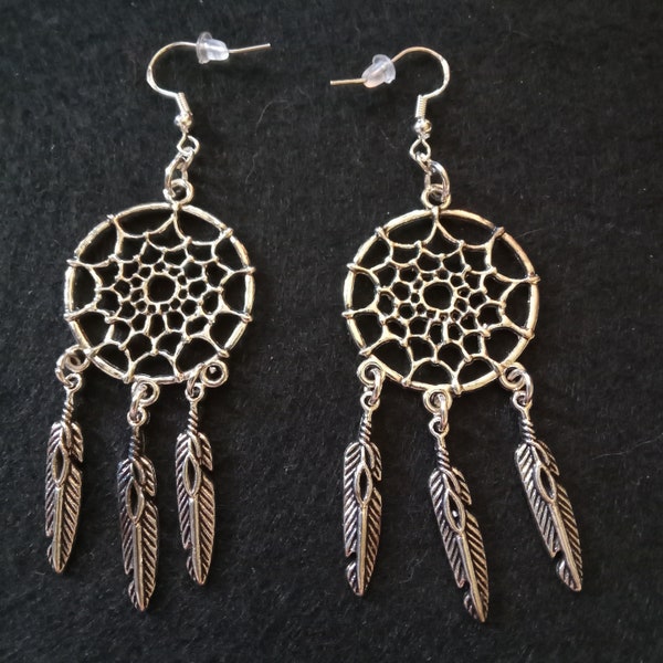 Silver tone Metal Dreamcatcher Earrings with faux metallic feathers