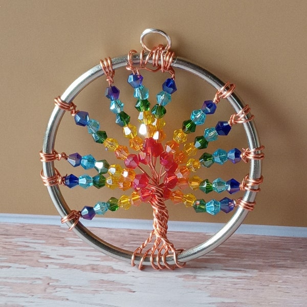 The Rainbow Tree of Life Amulet - Wire Beaded Tree Sculpture for People Who Love Colorful Pendants and Rainbow Patterns