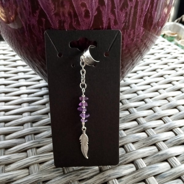 Ear cuff With Natural Amethyst Chips and Metallic Feather Accent for People Who Like Pretty Purple Stones and Chain Jewelry for Ear Decor