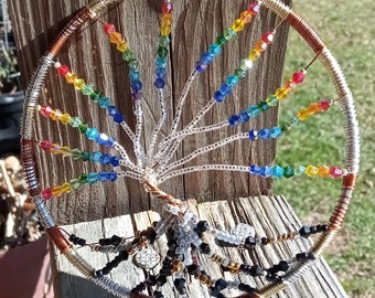 The Gradient Rainbow Tree of Life Beaded Suncatcher Sculpture