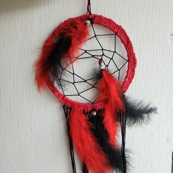 Crocheted Dreamcatcher with Tibetan Beads and Colorful Feathers