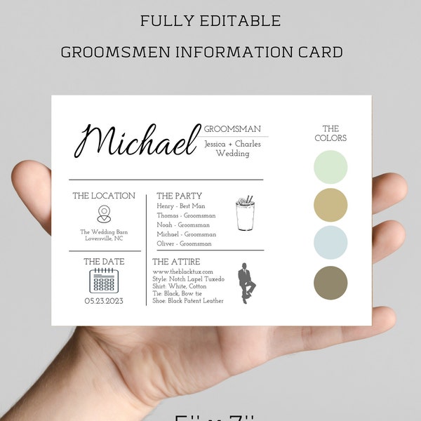 Editable Groomsmen Information Card, Printable info card; MICHAEL Groomsmen info card [matching Bridesmaid card in my shop!]