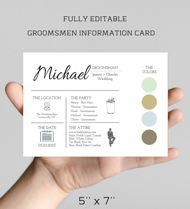 Editable Groomsmen Information Card, Printable Info Card MICHAEL Groomsmen Info Card matching