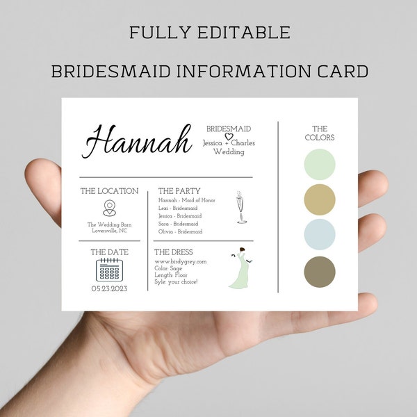 Editable Bridesmaid Information Card, Printable info card; HANNAH Bridesmaid info card