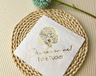 Servilletas de cóctel con retratos de mascotas personalizados: Servilletas de boda con lámina dorada