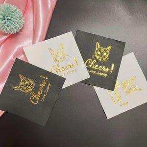 Custom  Dog Gold Foil  Wedding Napkins, Custom Dog Cocktail Napkins,  Wedding/Shower Decor, Custom Party Napkins, Foil Cat Napkins