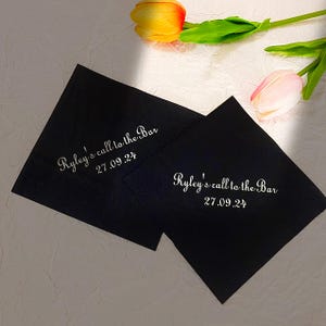 Custom Silver Foil Wedding Napkins, Personalized Black Cocktail Beverage Napkin, Anniversary Luncheon Napkins, Special Party Custom  Napkins