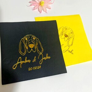 Gold Foil Pet Cocktail Wedding Napkins, Custom Dog Illustration Napkins, Gold Foil Personalized Dog Drawing Engagement Napkins,Shower Napkin