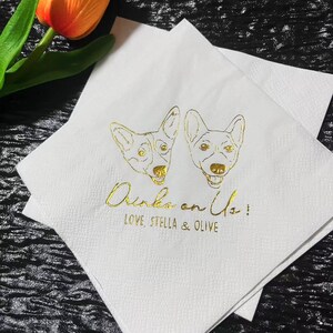 Custom Illustrated Dog Gold Foil Wedding Napkins, Custom Pet Cocktail Napkins, Personalized Luncheon Napkins, Custom Party Napkins