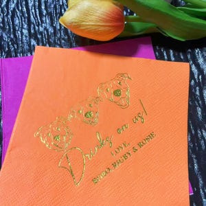 Custom Gold Foil Dog Wedding Black Napkins, Dogs Family Napkins, Custom Illustrated Dog Napkins, Wedding Decor, Shower Napkins, Party Napkin