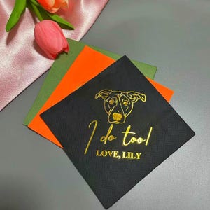 Tovaglioli neri personalizzati per matrimoni per animali domestici in lamina d'oro, tovaglioli neri per feste, tovaglioli per cani illustrati personalizzati, decorazioni per matrimoni, tovaglioli per doccia, tovaglioli per feste
