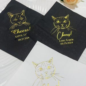 Tovaglioli neri personalizzati con ritratto di animali domestici in lamina d'oro, tovaglioli per fidanzamento, tovaglioli illustrati personalizzati per cani, decorazioni per matrimoni, tovaglioli per feste