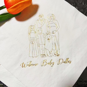 Tovaglioli per doccia in lamina d'oro con foto illustrate personalizzate, tovaglioli per cocktail in lamina d'oro personalizzati, tovaglioli per feste speciali, decorazioni per baby shower