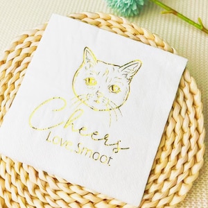 Tovaglioli da matrimonio con illustrazione di gatto, tovaglioli da matrimonio personalizzati per animali domestici, tovaglioli in lamina d'oro con gatto personalizzati, tovaglioli da cocktail personalizzati, tovaglioli da doccia,