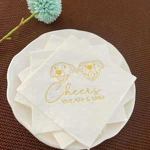 Tovaglioli nuziali personalizzati in lamina d'oro con cani illustrati, tovaglioli personalizzati per cocktail per animali domestici, tovaglioli per feste per cani, tovaglioli per cocktail per animali domestici, decorazioni per matrimoni