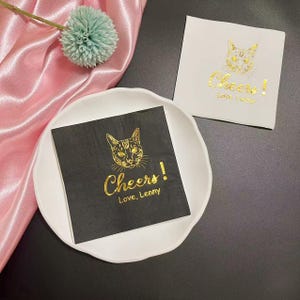 Custom Gold Foil Pet Wedding Napkins,  Custom Black Cocktail Napkins, Personalized Party Napkins，Custom Party Napkins, Wedding/Shower Decor
