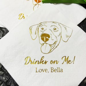 Custom Illustrated Dog Foil Wedding Napkins, Personalized Pet Cocktail Napkins, Custom Pet Party Napkins, Dog Gold Foil Black Napkins
