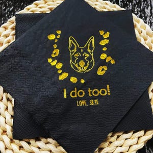 Custom Gold Foil Pet Wedding Black Napkins, Party Black Napkins, Custom Illustrated Dog Napkins, Wedding Decor, Shower Napkins, Party Napkin