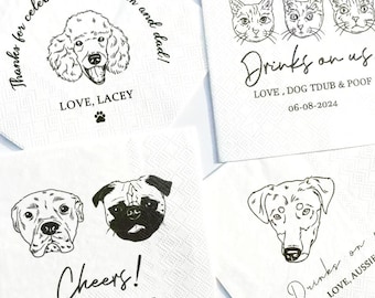 Custom Illustrated Dog Wedding Napkins, Personalized Pet Cocktail Napkins, Pet Wedding Napkins, Dog Cocktail Napkins, Pet Dog Napkins
