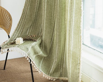 Vintage Farmhouse Curtains, Boho Style Cotton Linen Green Curtain with Tassels for Bedroom, Curtains For Living Room, Linen Curtains