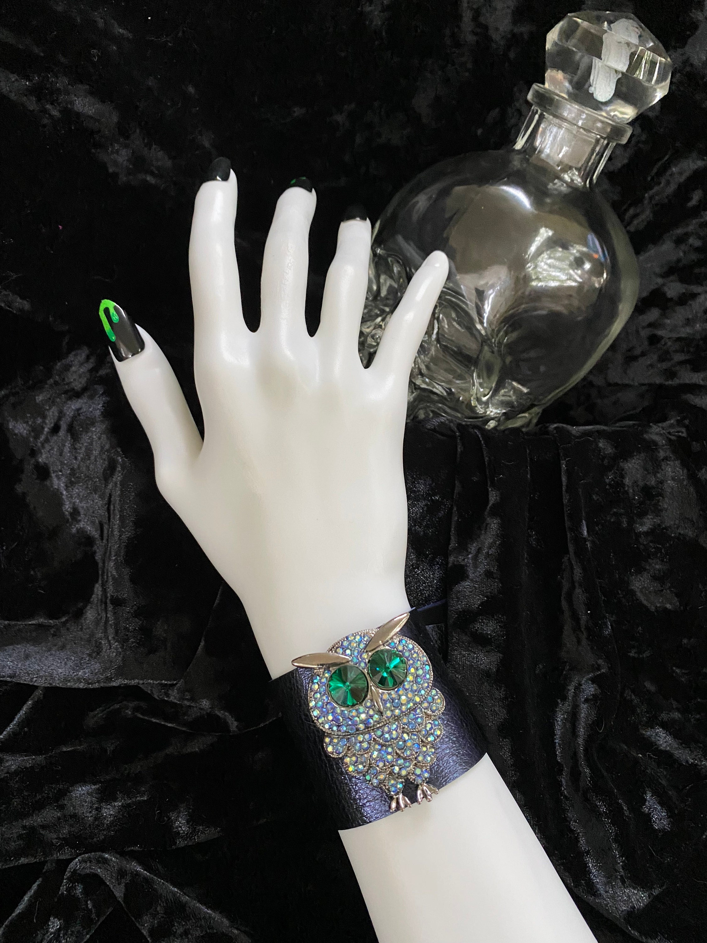Halloween - Bejeweled Owl Brooch on Navy Blue Metallic Leather Cuff Bracelet