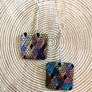 Leather Statement Dangle Earrings - Iridescent GRILLE on Black Leather Squares Suspended on a Silver Bar - Sterling Silver Ear Hooks