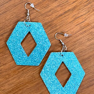 Aquamarine Glitter Faux Leather Double-sided Dangle Earrings - Hexagon w/Diamond Cut-out