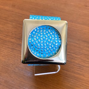 Embossed Leather Cuff Bracelet: Neon Sky Blue, Silver Diamond Pattern, Chrome Scarf Slide