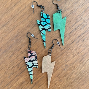 Rainbow Leopard Leather Lightning Bolt Dangle Earrings - Green or Rose Gold Backs