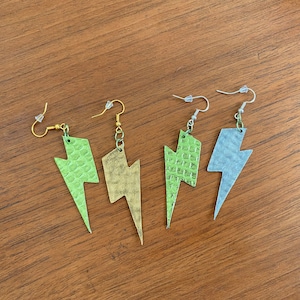 Metallic Lime Green Snake Skin Pattern Leather Lightning Bolt Dangle Earrings - Silver or Gold Backs
