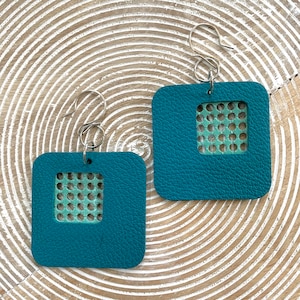 Leather Statement Dangle Earrings - Teal Blue Squares - Sea Foam Green Perforated Leather in Cutout Window with Silver Earring Hook
