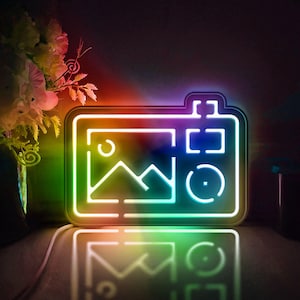May include: A neon sign shaped like a camera with a rainbow color scheme. The sign has a picture frame with a mountain inside and a few buttons on the side.