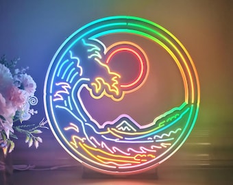 The Great Wave Of Kanagawa Led Neon-Like Wall Art , Great Wave Led Wall Decor, Kanagawa Oki Nami Ura Led Lightbox, Wall Hangings, Home Decor