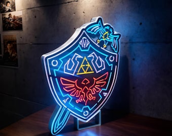 Master Sword Hylian Shield LED-ljus, Master Sword Hylian Shield-dekor, Master Sword Hylian Shield-ornament, Legend of Zelda-väggkonst