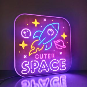 Space-Themed LED Light Box - Glowing Rocket Wall Art for Bedrooms, Desks & Astronaut Fans, Cosmic Neon Decor Gift for Kids/Adults