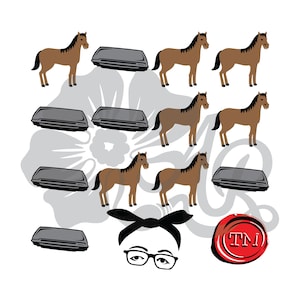 Puede incluir: Una ilustración digital de una mujer con gafas y una diadema con un sello de cera rojo que dice "TM" y un patrón de caballos marrones y coches grises a su alrededor.