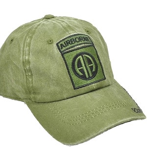 US Military 82nd Airborne Logo Pigment Washed Olive Adjustable Baseball Hat Cap