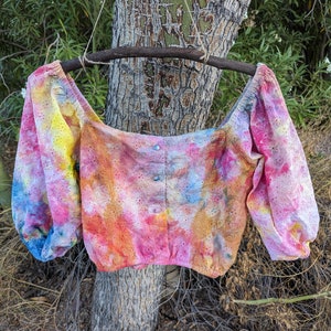 Cyanotype ice dye cotton crop top peasant blouse, upcycled fashion
