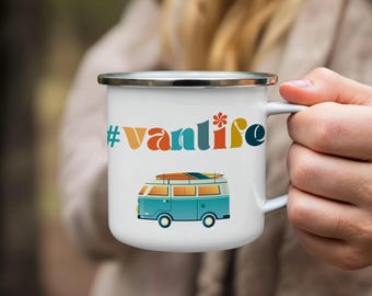 Taza de esmalte retro Van Life, taza de café vintage para autocaravana, regalo de aventura para viajes por carretera, taza para entusiastas de los viajes, taza para furgoneta Wanderlust, vida en furgoneta hippie
