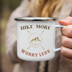 Hike More Worry Less Enamel Mug, Mountain Adventure Coffee Cup, Hiking Enthusiast Gift, Outdoors Lover Mug, Inspirational Travel Mug