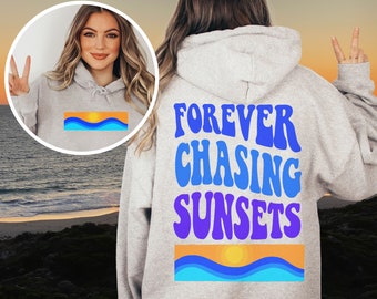 Beach Vibes Hoodie, Forever Chasing Sunsets Hoodie, Handgetekende Sunset Waves Crewneck Sweatshirt Hoodie, Woorden op de rug Hoodie, Esthetisch shirt