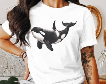 Maglietta con illustrazione di orca e balena, maglietta con grafica unica di una balena, regalo per gli amanti dell'oceano, maglietta con arte animale per gli amanti della natura, abbigliamento per la vita marina