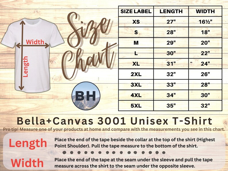 Peut inclure: Tableau des tailles pour le t-shirt unisexe Bella + Canvas 3001. Le tableau indique l'&eacute;tiquette de taille, la longueur en pouces et la largeur en pouces pour les tailles XS &agrave; 5XL.