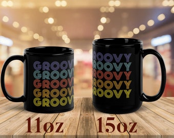 Groovy mug, 70's retro mugs, black ceramic 11oz or 15oz mug, retro design, groovy gift, vintage, kitchen, drinks, psychedelic birthday gift