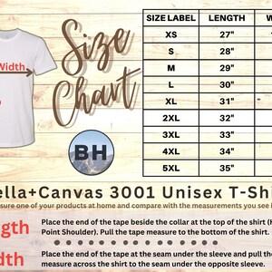 Puede incluir: Tabla de tallas para la camiseta unisex Bella + Canvas 3001. La tabla muestra la etiqueta de talla, la longitud en pulgadas y el ancho en pulgadas para las tallas XS a 5XL.