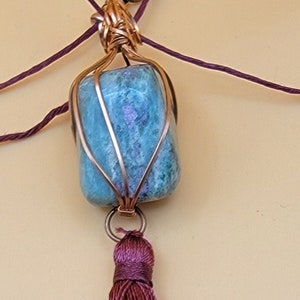Tassel necklace with wire wrapped ruby in fuchsite stone